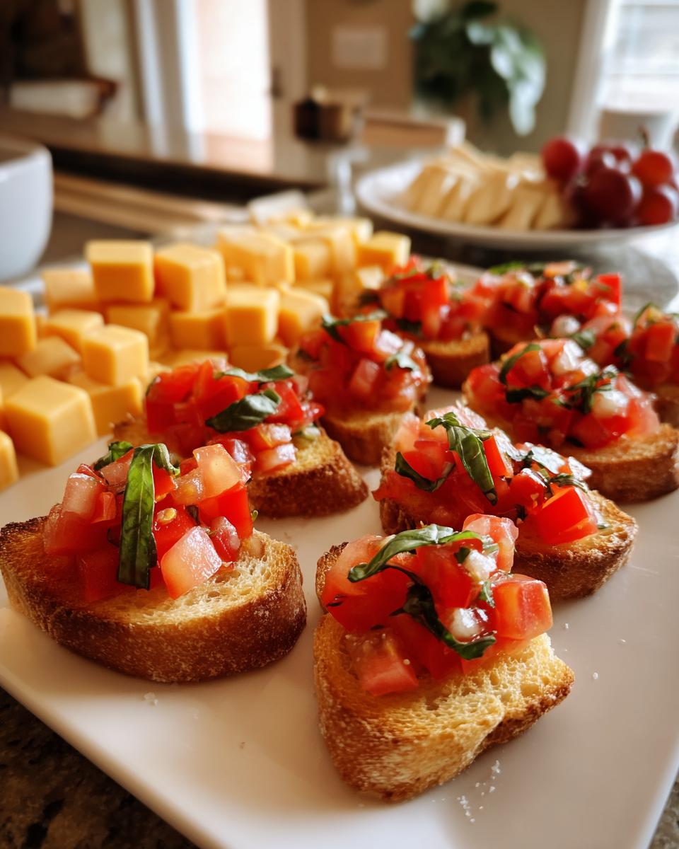 Close-up of fresh tomato and basil bruschetta, perfect for New Years appetizers, served on a platter with cubed cheese.
