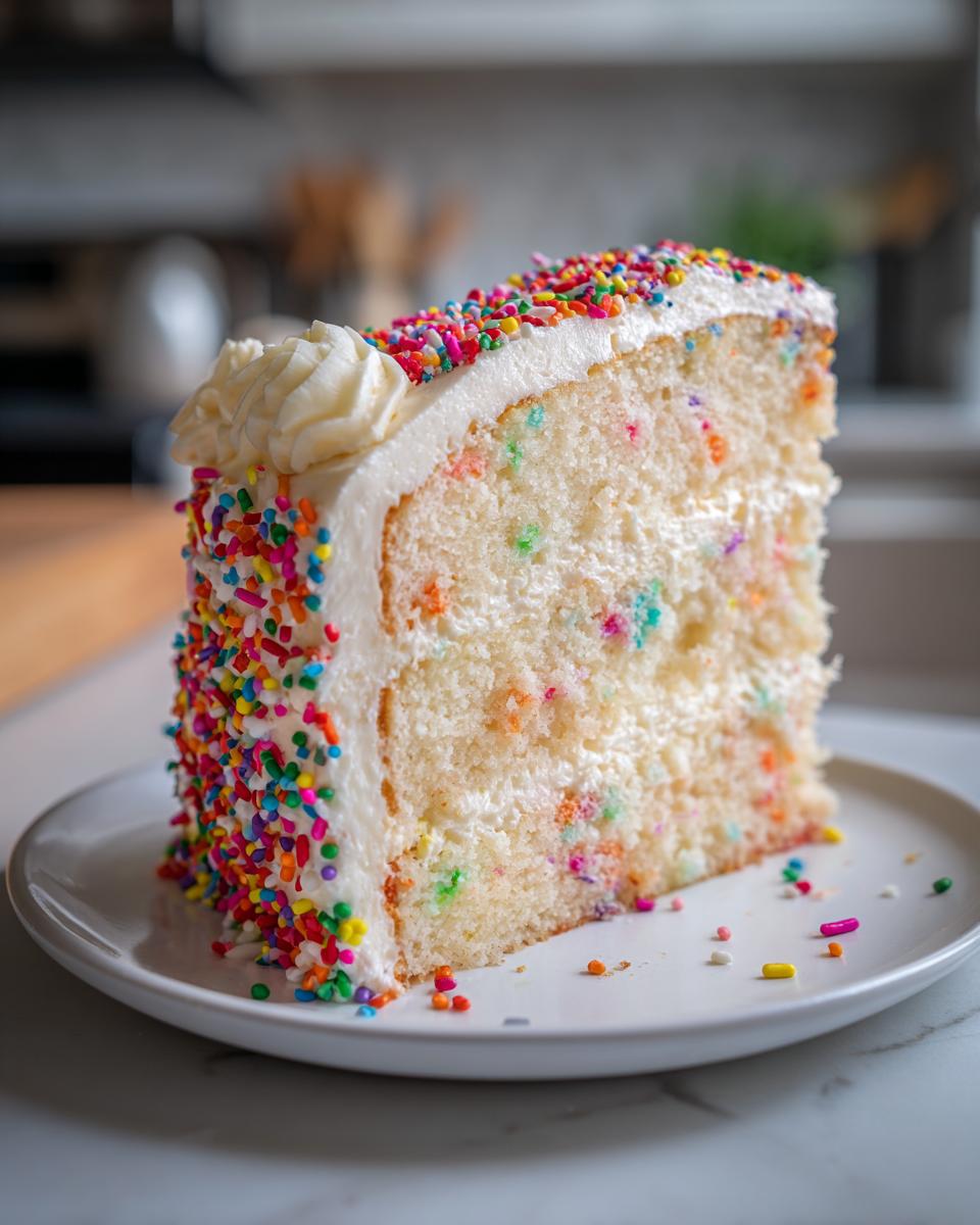 A slice of festive New Years cake with white frosting, colorful sprinkles, and funfetti cake layers.