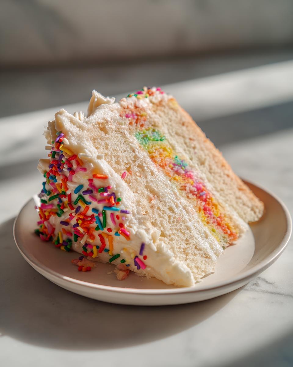 A slice of a festive new years cake with white frosting and colorful rainbow layers inside, covered in sprinkles.