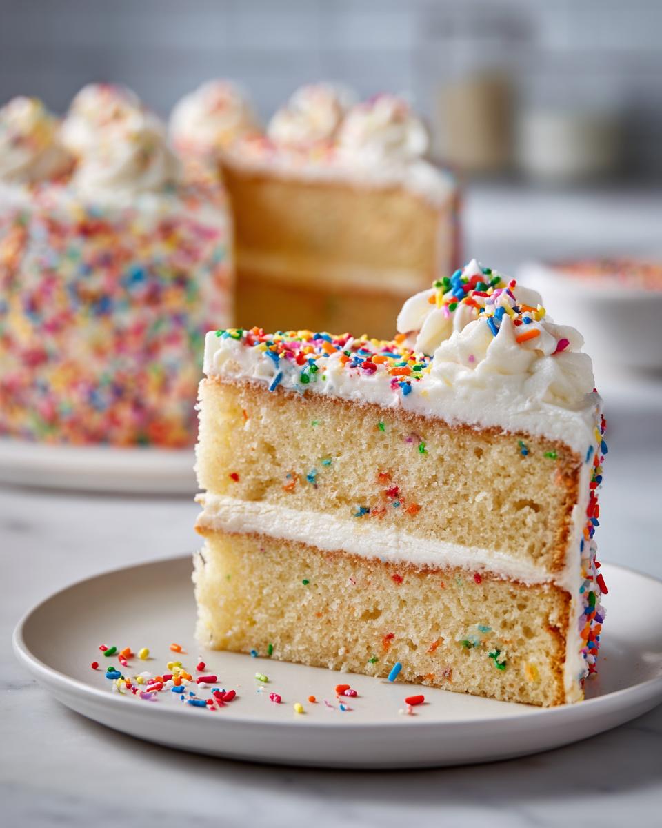 A slice of New Years cake with white frosting and rainbow sprinkles, featuring two layers of cake with colorful sprinkles inside.