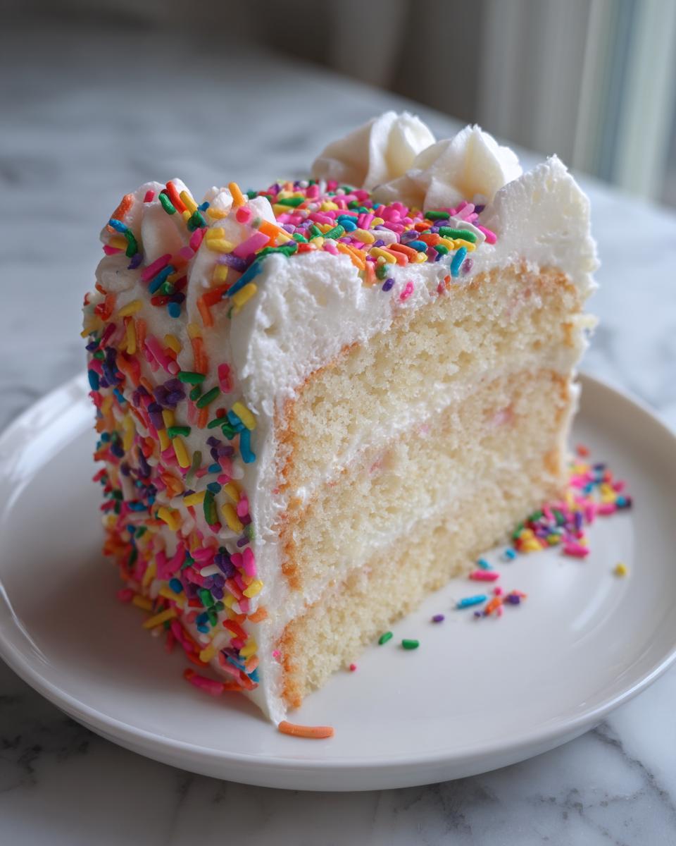 A festive slice of New Years cake, layered with white frosting and colorful sprinkles, on a white plate.