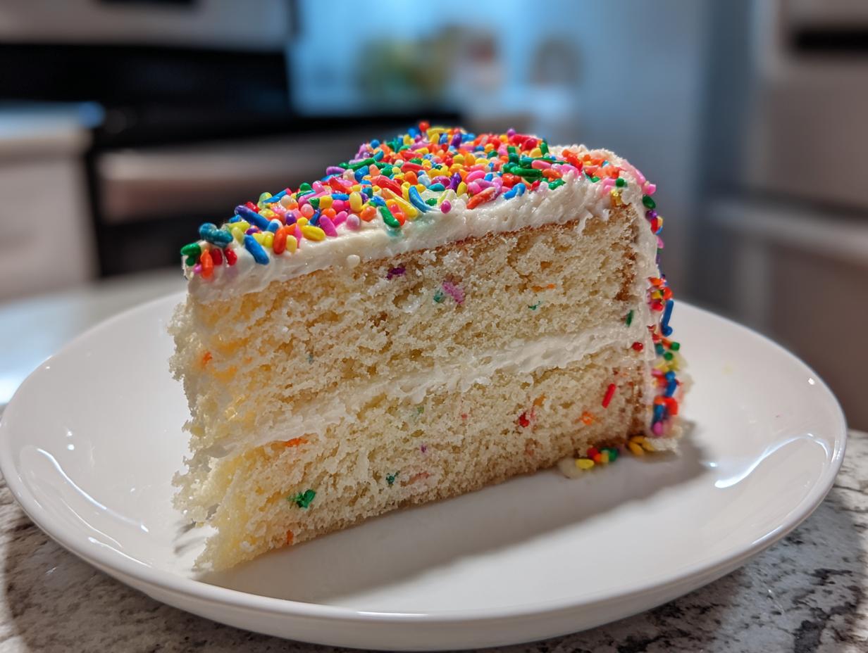 A slice of festive New Years cake with white frosting and colorful sprinkles, ready to celebrate.