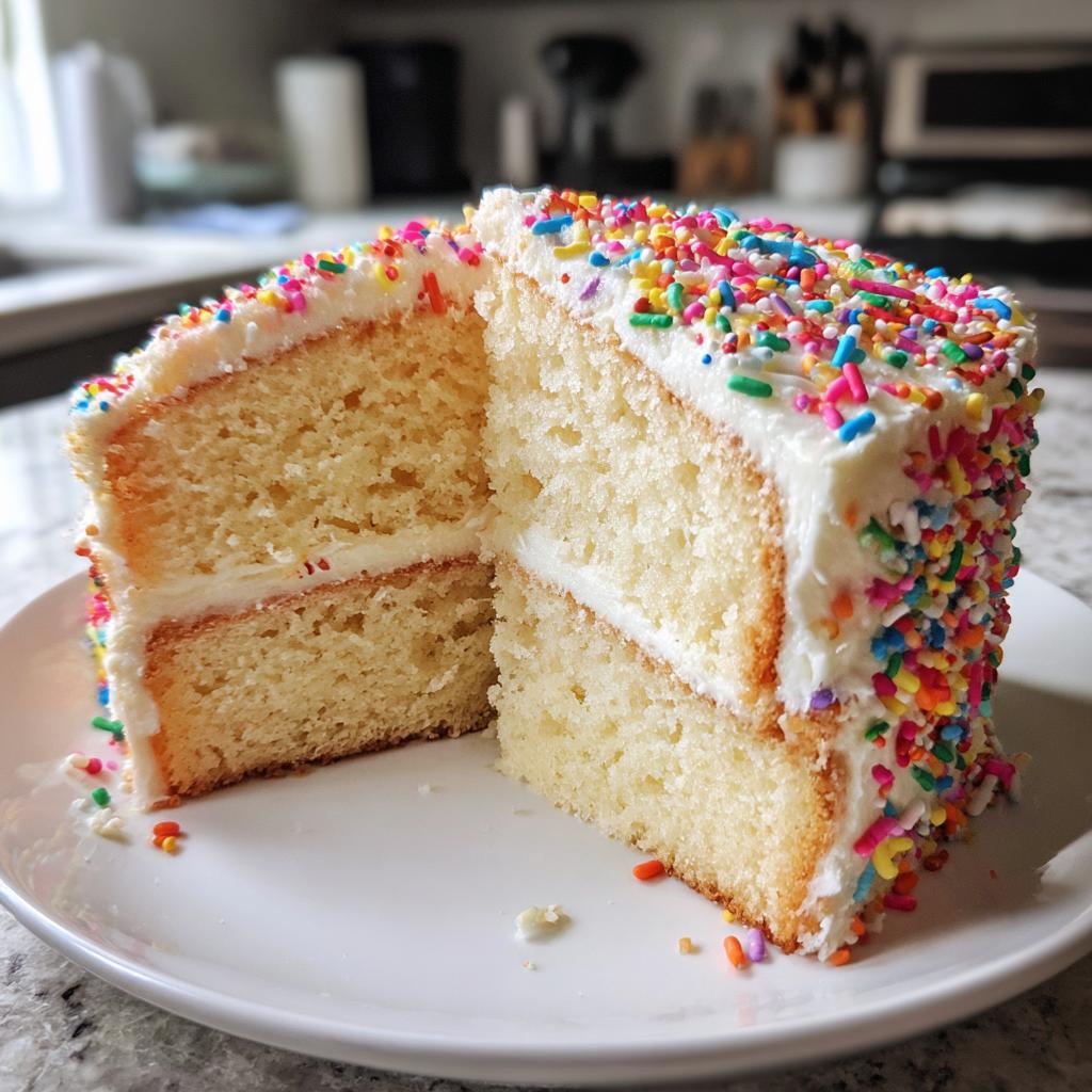 A slice of a fluffy new years cake with white frosting and colorful sprinkles.