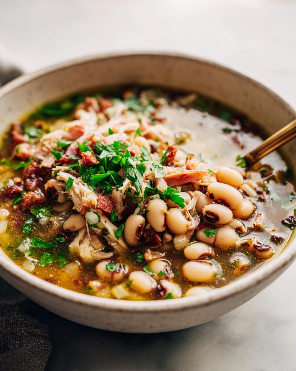 A close-up of a bowl filled with hearty black-eyed peas, shredded chicken, bacon, and fresh parsley, perfect for New Years Day food.