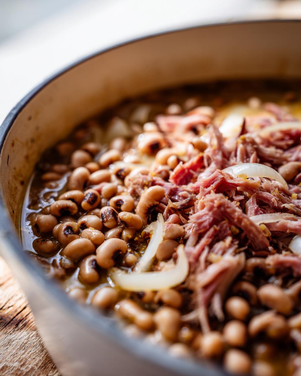 Close-up of a pot filled with black-eyed peas and shredded pork, a traditional New Years Day food.