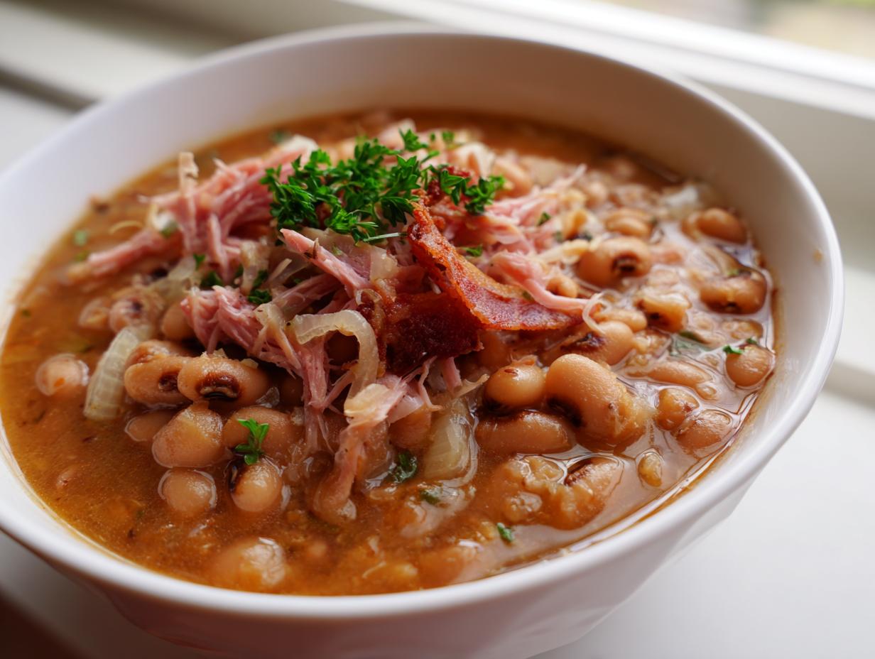 A close-up of a white bowl filled with hearty black-eyed peas, shredded ham, and crispy bacon, a perfect new years day food.