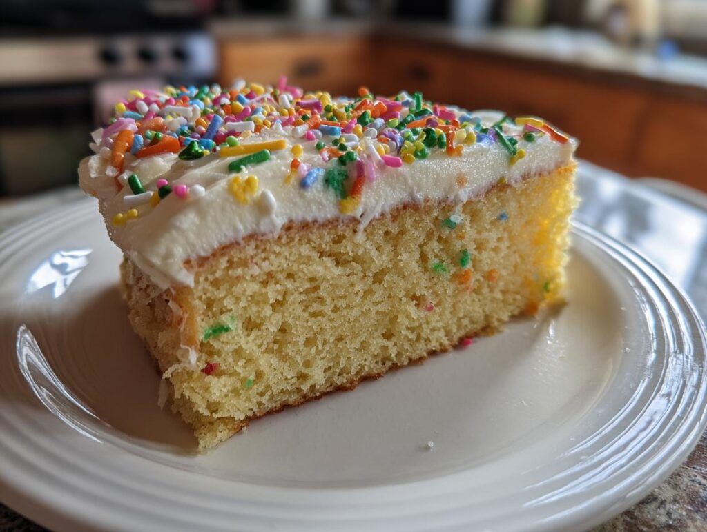 A slice of yellow cake with white frosting and colorful sprinkles, perfect for new years desserts.