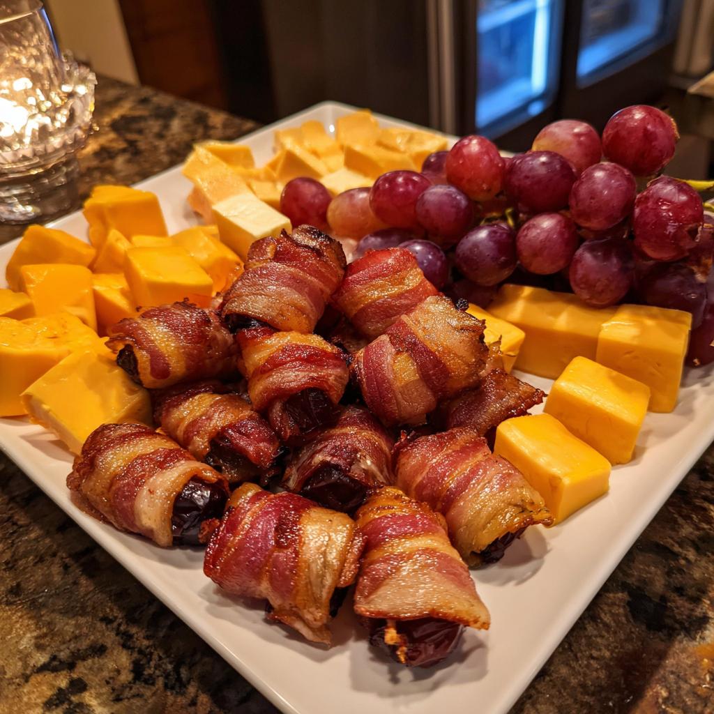 A platter of delicious new years eve appetizers: bacon-wrapped dates, cheese cubes, and red grapes.