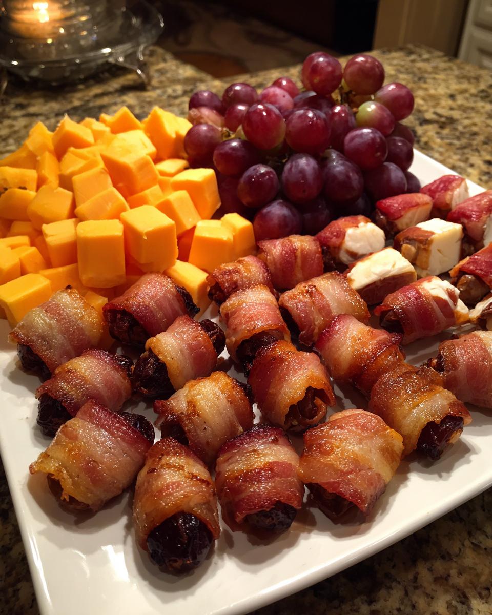 A platter of delicious new years eve appetizers featuring bacon-wrapped dates, cheese cubes, and grapes.