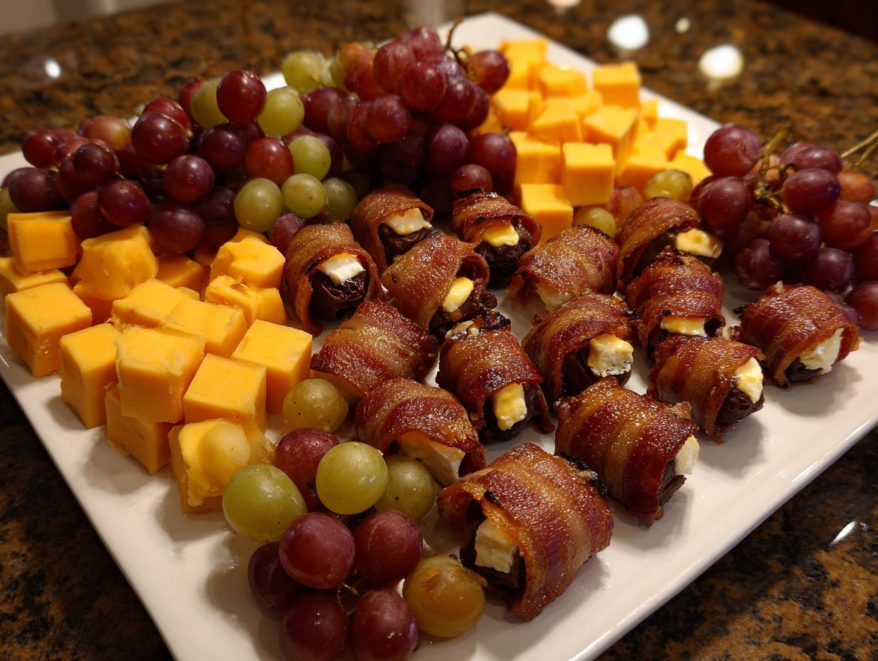 A platter of delicious new years eve appetizers featuring bacon-wrapped dates, cheese cubes, and fresh grapes.