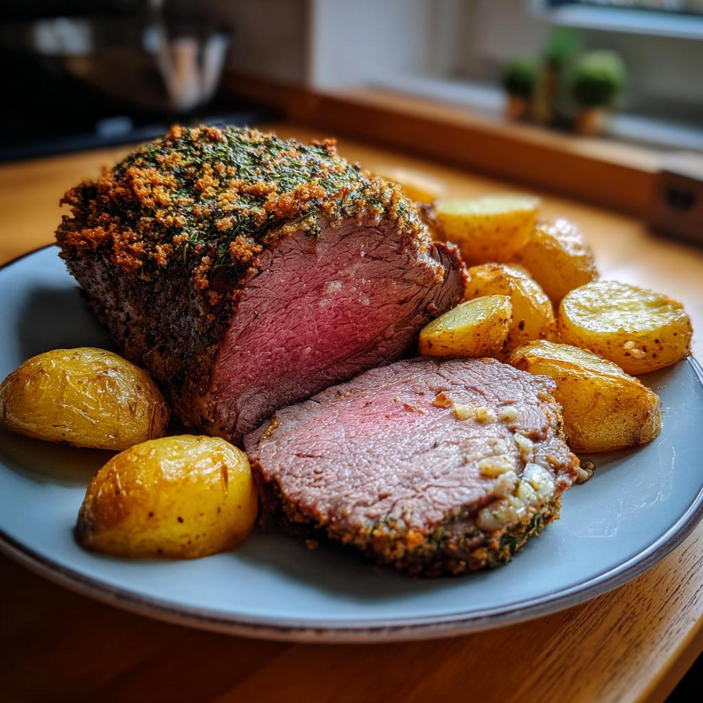 A perfectly roasted beef joint, sliced to reveal a pink center, served with golden roasted potatoes for a New Year's Eve dinner.