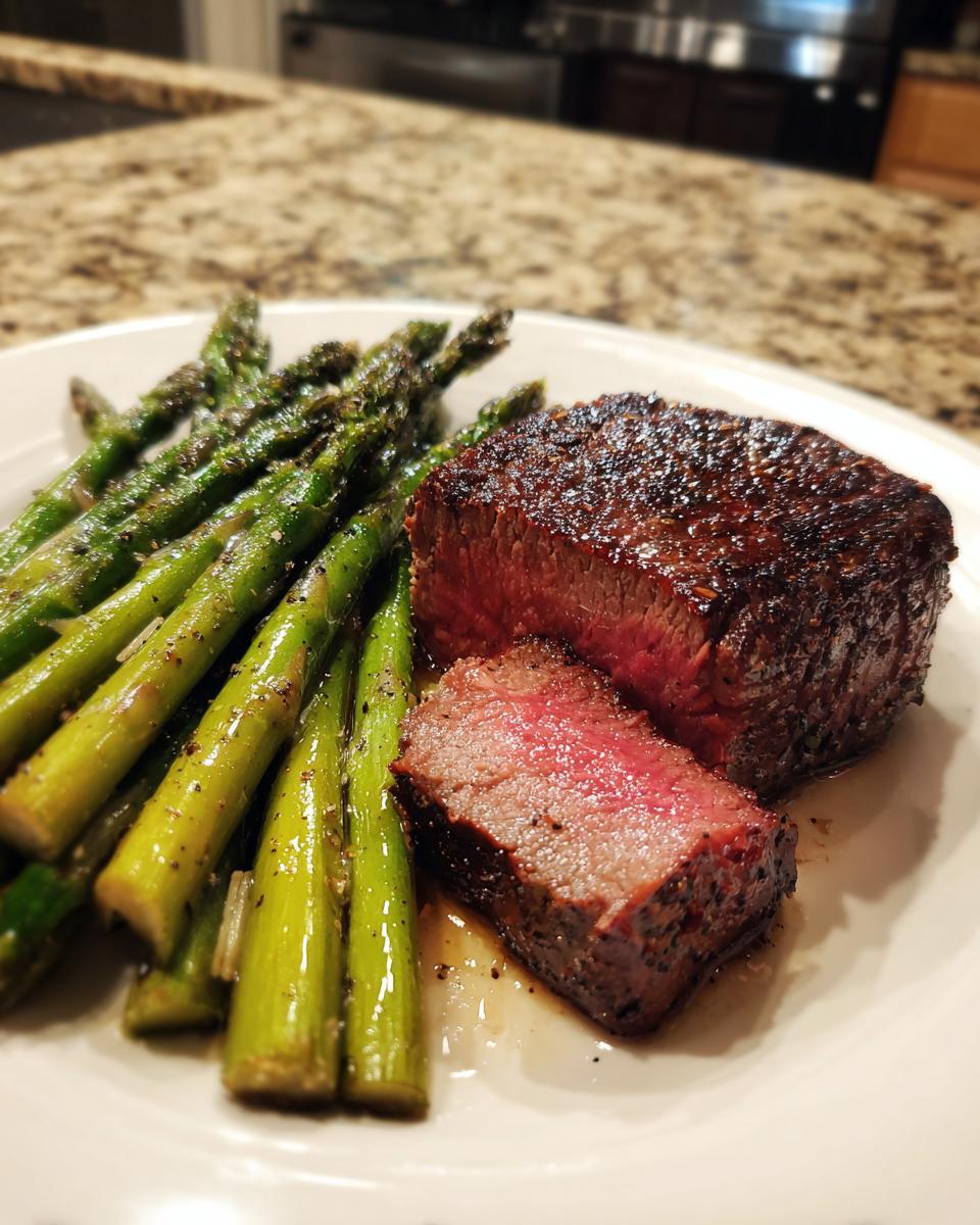A perfectly cooked steak, sliced, served with roasted asparagus, ideal for New Years Eve dinner ideas.