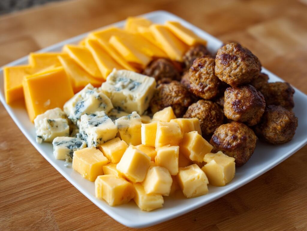 A white platter filled with various new year's eve snacks including cubed cheddar cheese, blue cheese crumbles, sliced cheddar, and mini meatballs.