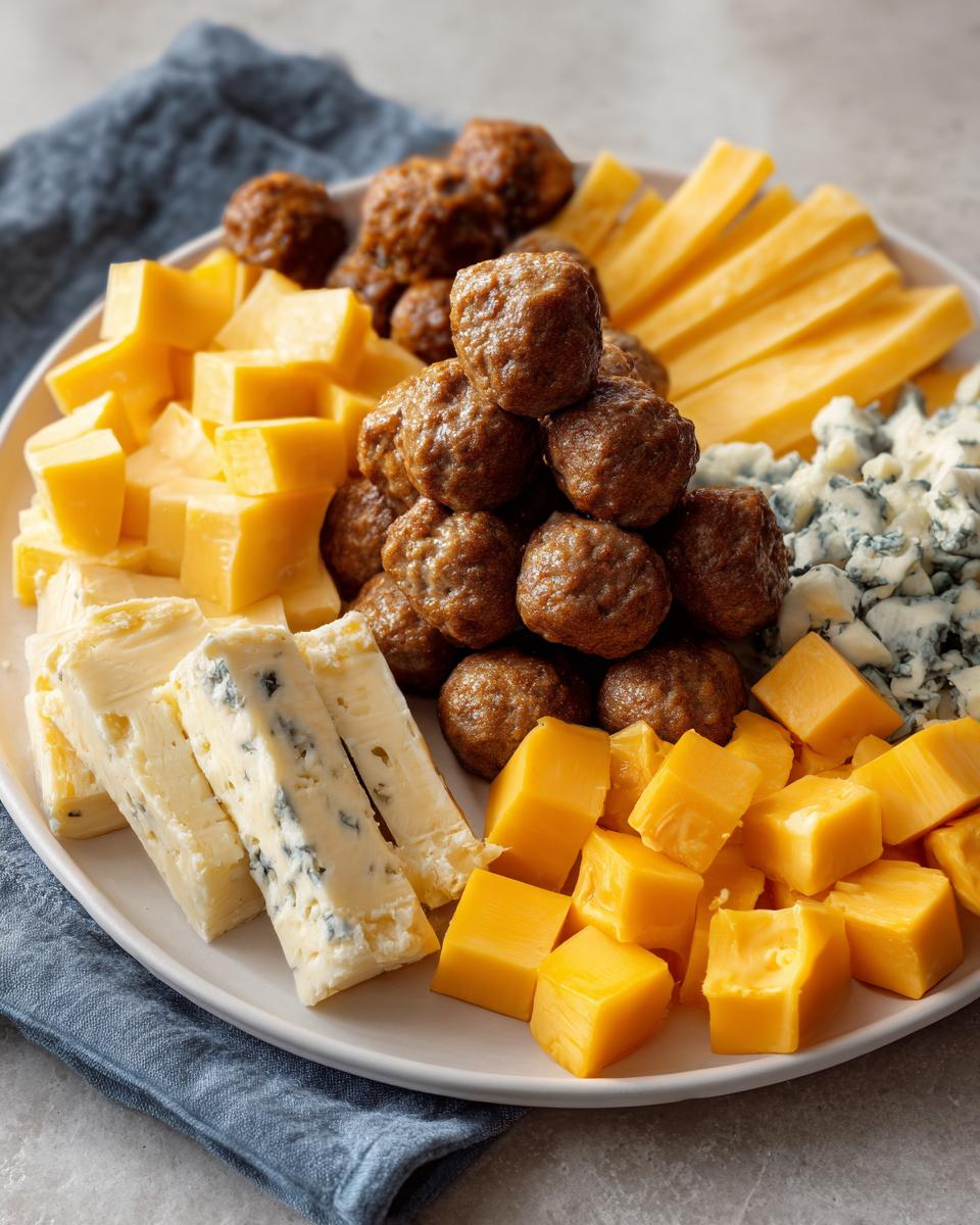 A platter of new year's eve snacks featuring meatballs, cheddar cheese cubes, cheese sticks, and blue cheese.