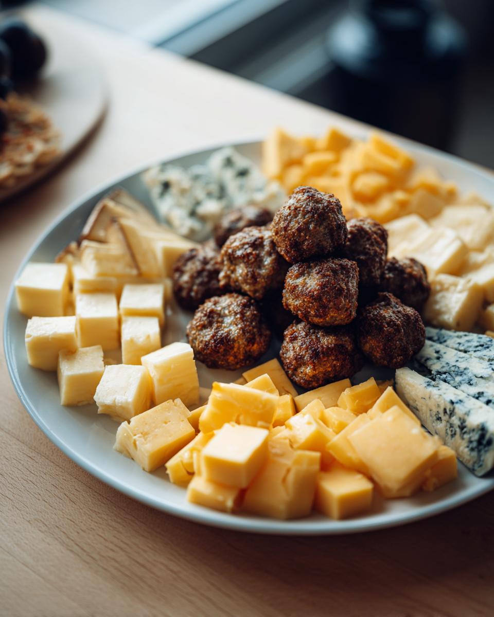A close-up of a platter featuring meatballs and assorted cheeses, perfect for new year's eve snacks.