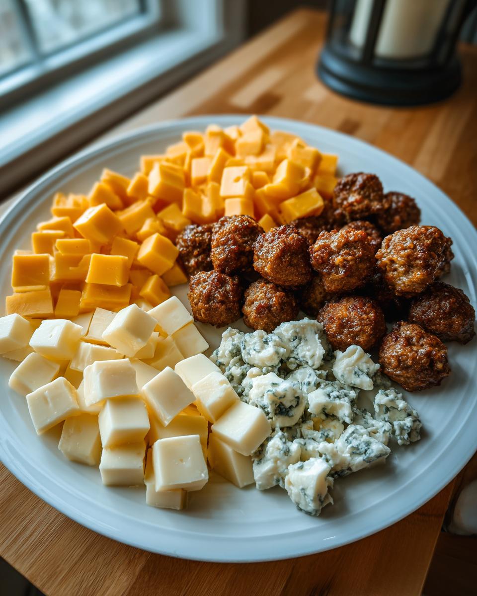 A platter of new year's eve snacks featuring meatballs, cubed cheddar cheese, cubed white cheese, and crumbled blue cheese.
