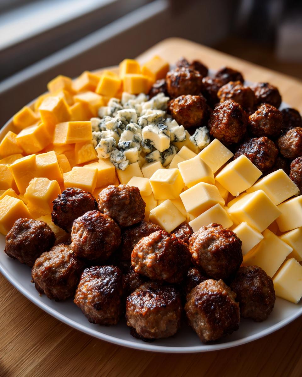 A platter of meatballs and cubed cheese, including cheddar and blue cheese, perfect for New Year's Eve snacks.