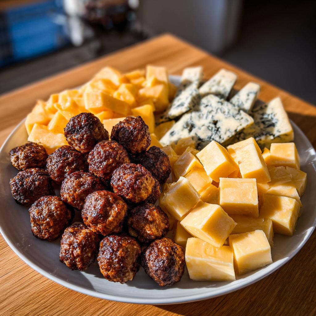 A platter of new year's eve snacks featuring meatballs and assorted cheeses, including cheddar and blue cheese.