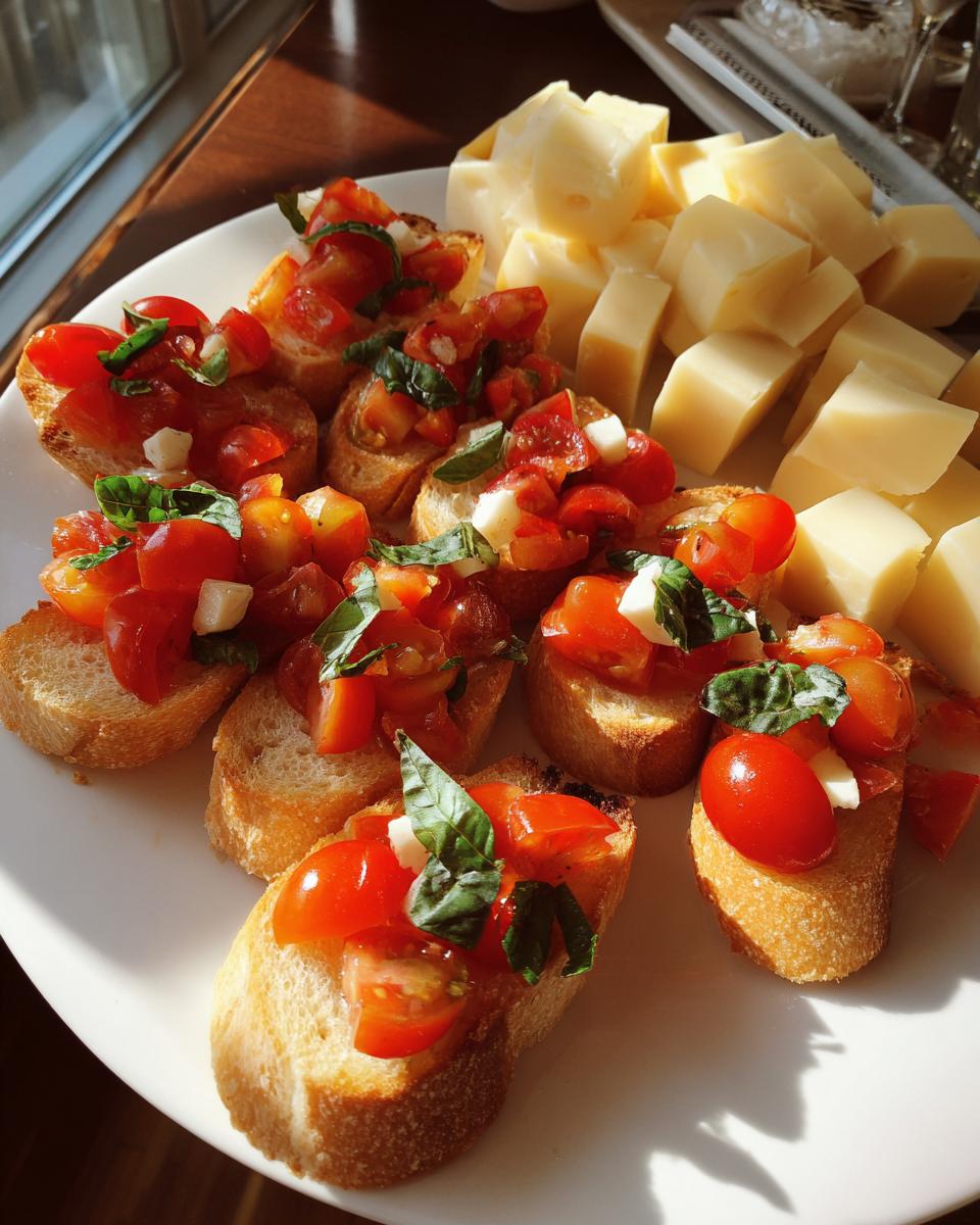 Plate of easy NYE appetizers featuring bruschetta topped with tomatoes and basil, alongside cubed cheese.