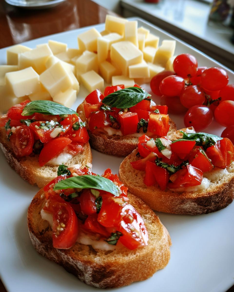 Close-up of easy NYE appetizers featuring bruschetta topped with tomatoes and basil, served with cubed cheese and grapes.