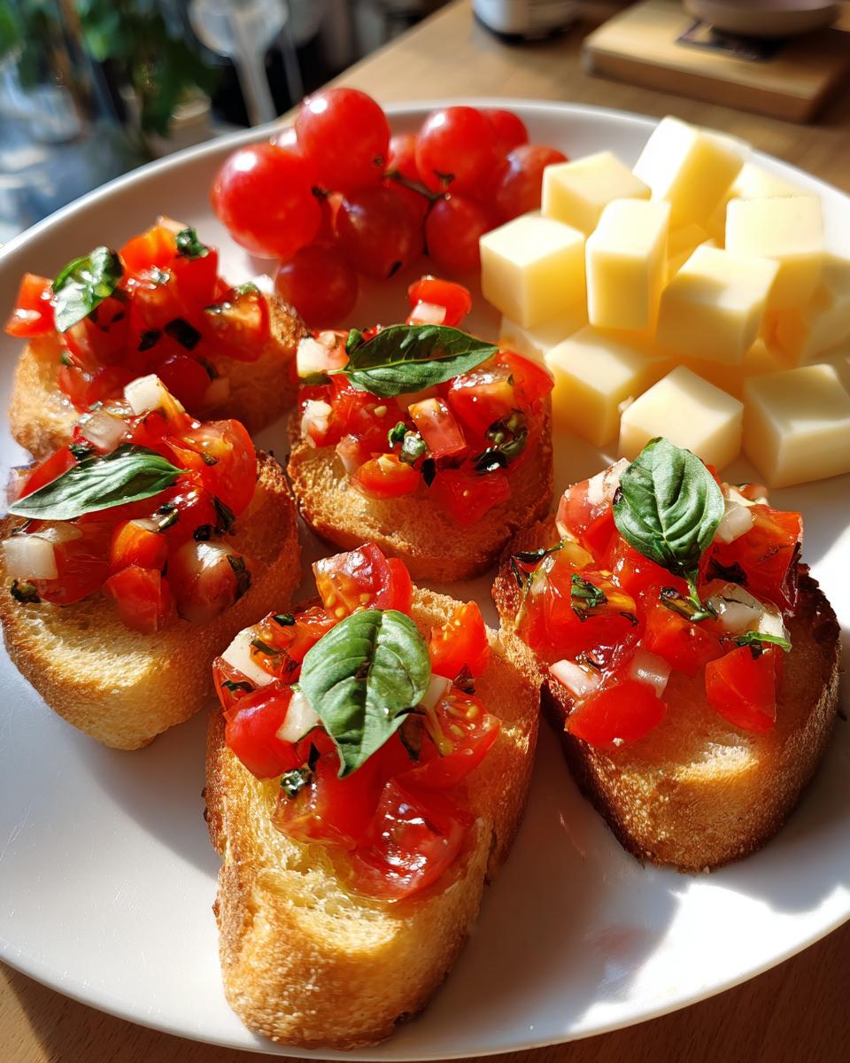 Plate of easy NYE appetizers featuring tomato bruschetta topped with basil and a side of cubed cheese.