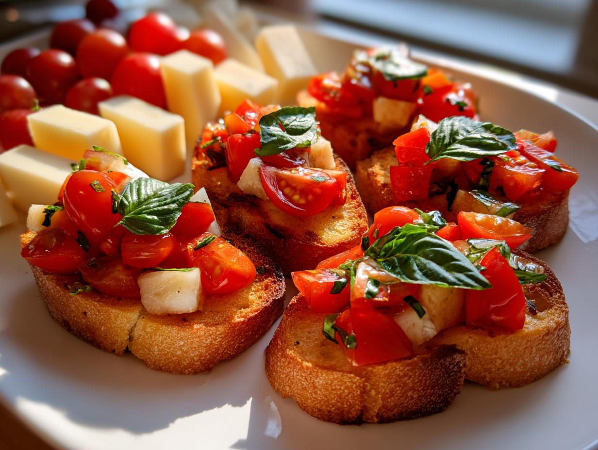 Close-up of easy NYE appetizers: fresh tomato bruschetta topped with basil and cheese, served with cherry tomatoes and cheese cubes.