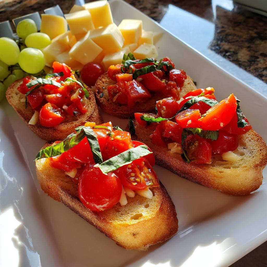 Close-up of easy NYE appetizers: fresh tomato bruschetta on toasted bread with basil and garlic.