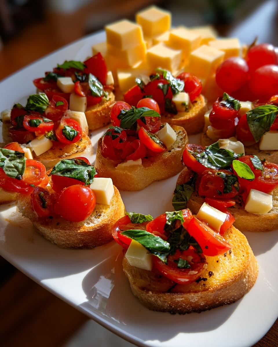 Close-up of easy NYE appetizers: tomato basil bruschetta bites topped with fresh basil and cheese cubes, served with grapes and cheese.