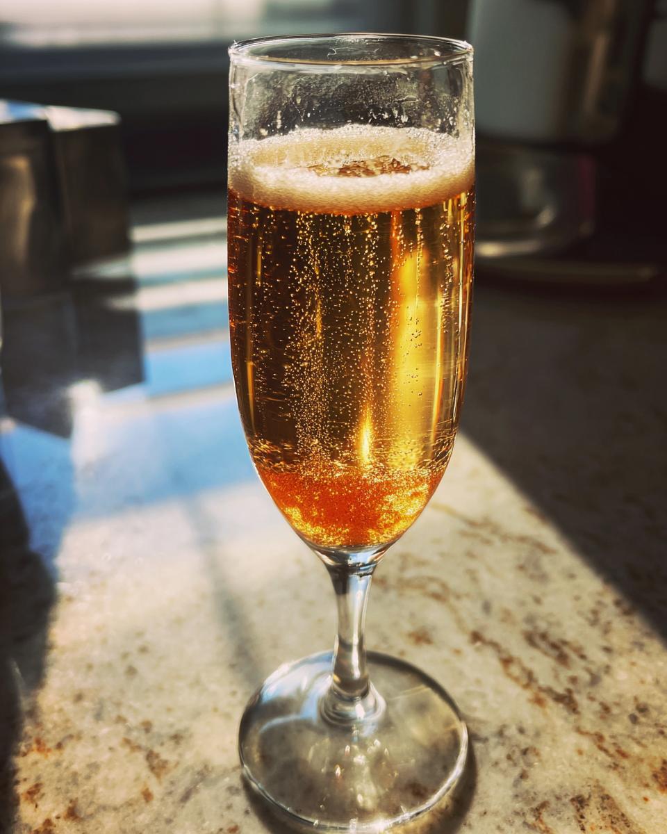 A close-up of a champagne flute filled with a golden, bubbly NYE cocktail, catching the sunlight.