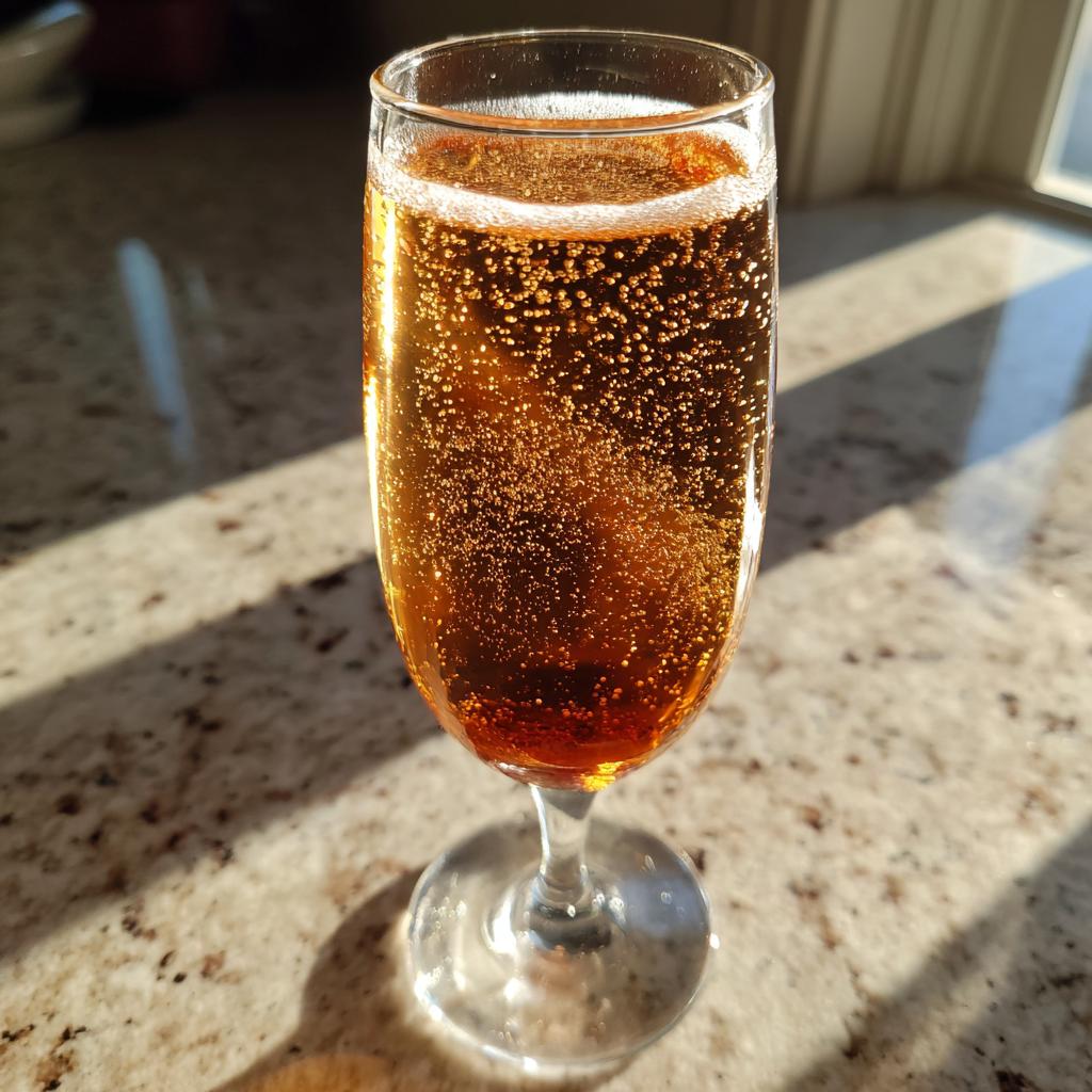 A close-up of a flute glass filled with a bubbly, amber-colored NYE cocktail, catching the sunlight.