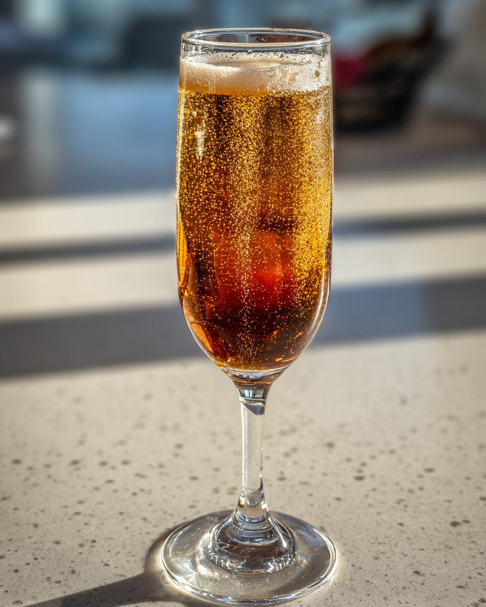 A close-up of a sparkling amber NYE cocktail in a flute glass, filled with tiny bubbles.
