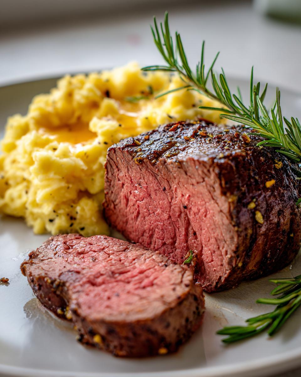 A juicy, medium-rare filet mignon steak sliced on a plate with creamy mashed potatoes and rosemary, perfect for NYE dinner ideas.