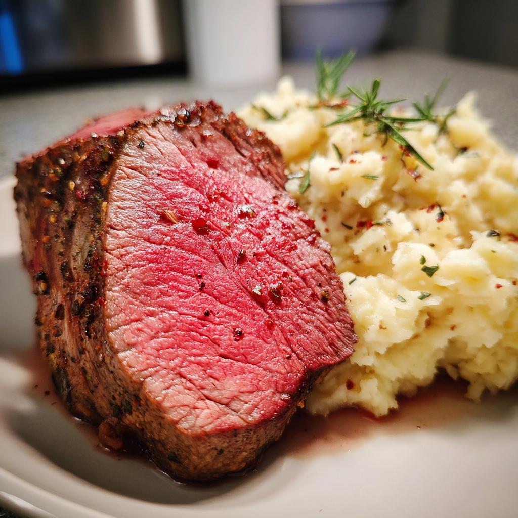 Close-up of a perfectly cooked, medium-rare roast beef slice served with creamy mashed potatoes and rosemary, a perfect NYE dinner idea.