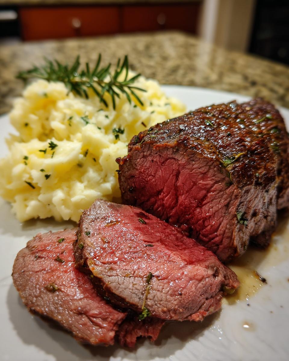 Close-up of perfectly cooked roast beef, sliced to reveal a tender pink interior, served with creamy mashed potatoes and rosemary.