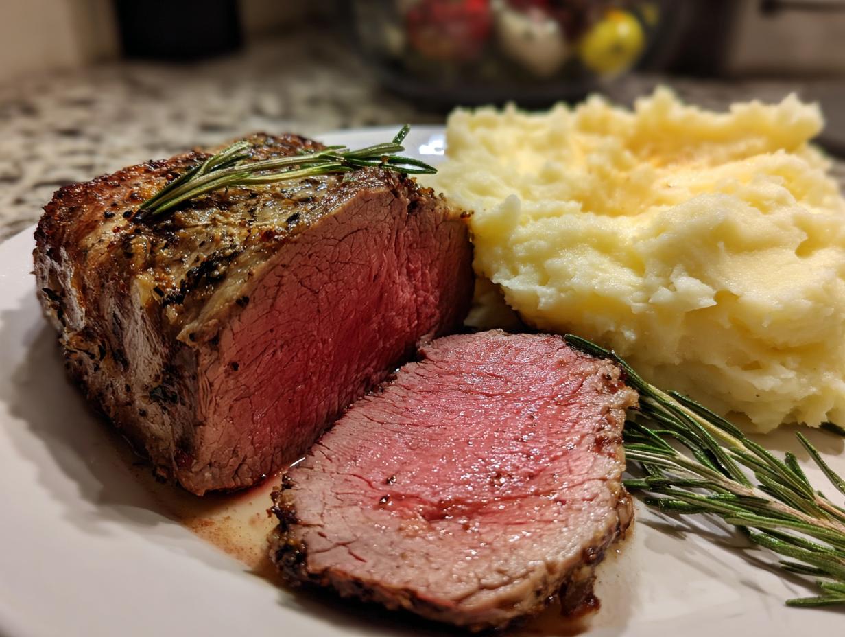 A perfectly cooked roast beef, sliced to reveal a juicy pink interior, served with creamy mashed potatoes and rosemary sprigs. A great NYE dinner idea.