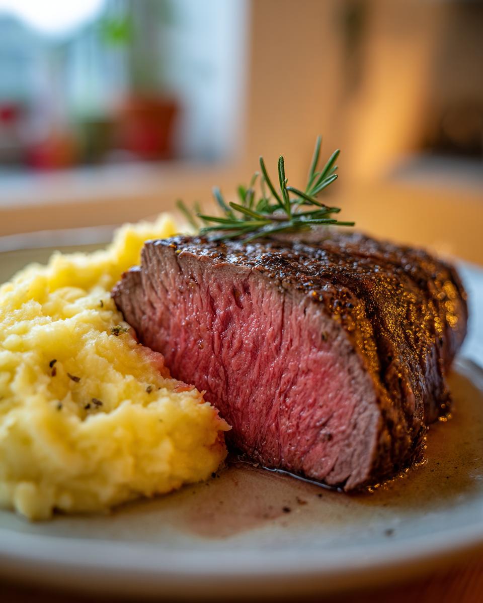 Close-up of a perfectly cooked, juicy steak served with creamy mashed potatoes for NYE dinner ideas.