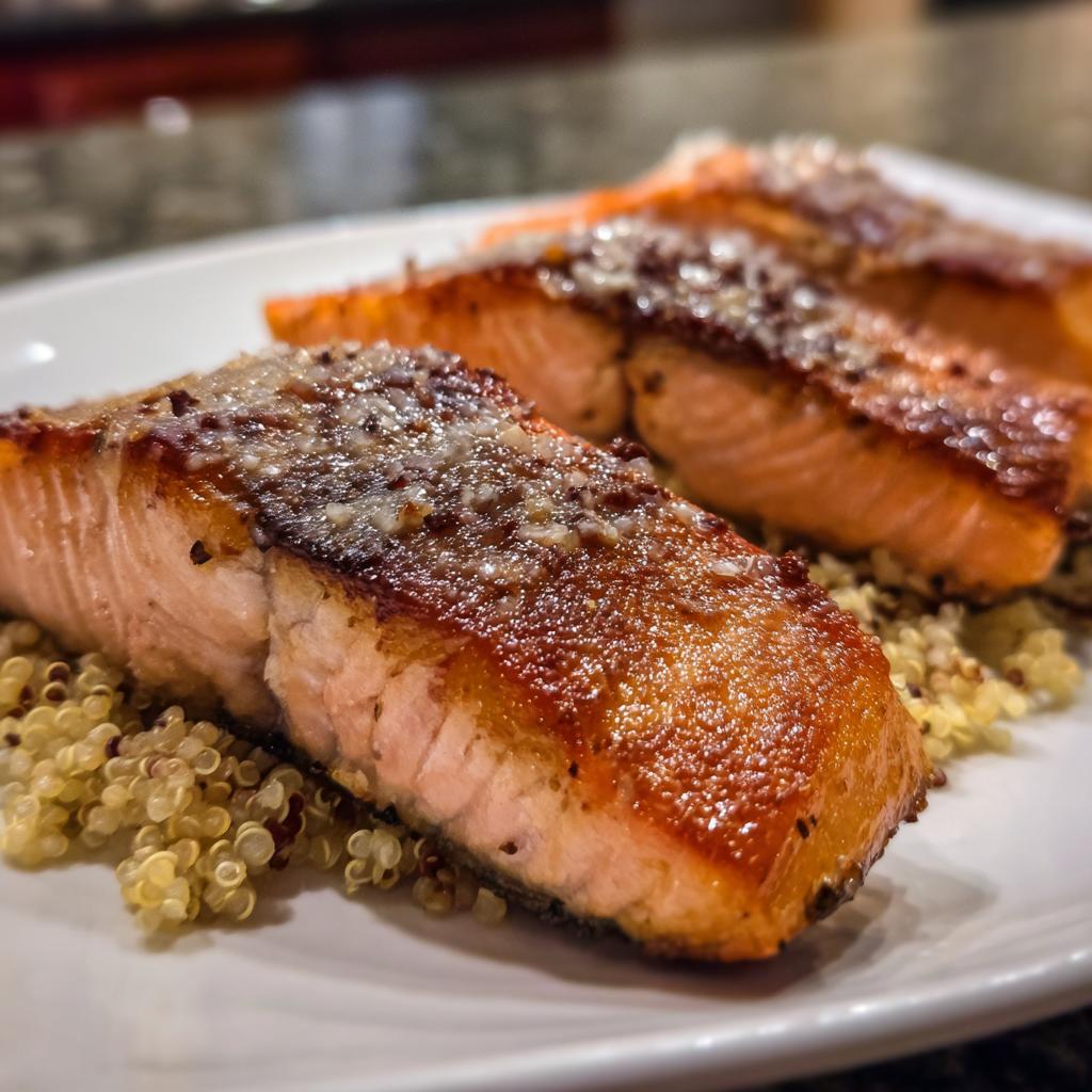 Three perfectly cooked salmon fillets served over quinoa, a delicious option for your NYE dinner.