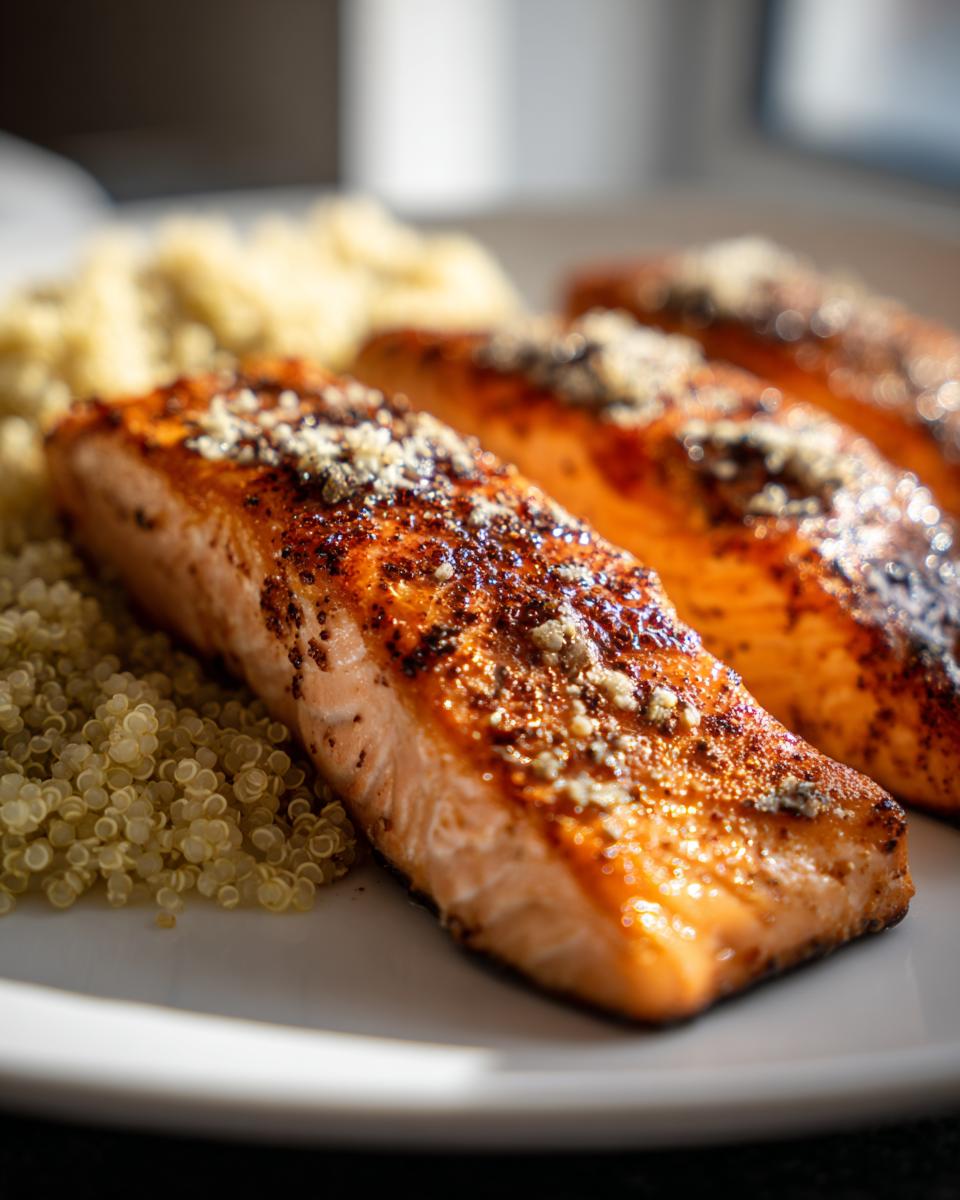 Three perfectly cooked salmon fillets served with quinoa, a delicious and elegant NYE dinner.