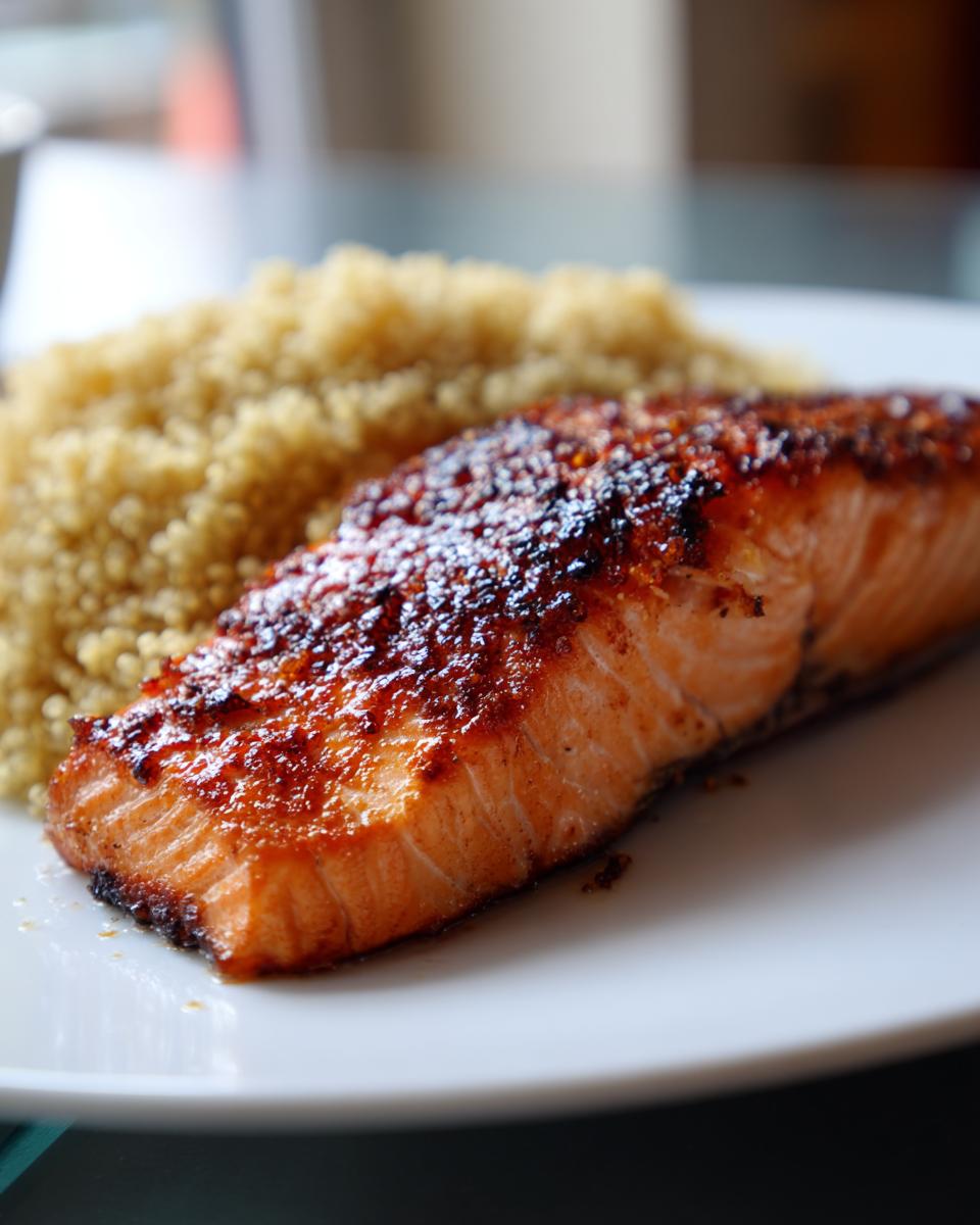 A perfectly cooked salmon fillet with a crispy, glazed crust served alongside fluffy quinoa for a delicious NYE dinner.