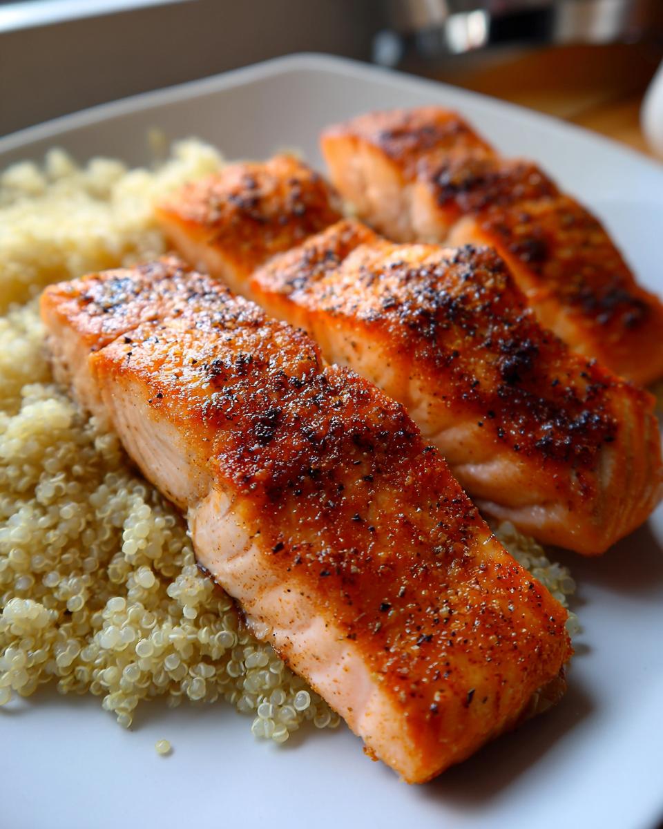 Close-up of four perfectly cooked salmon fillets served over a bed of fluffy quinoa, ideal for a NYE dinner.