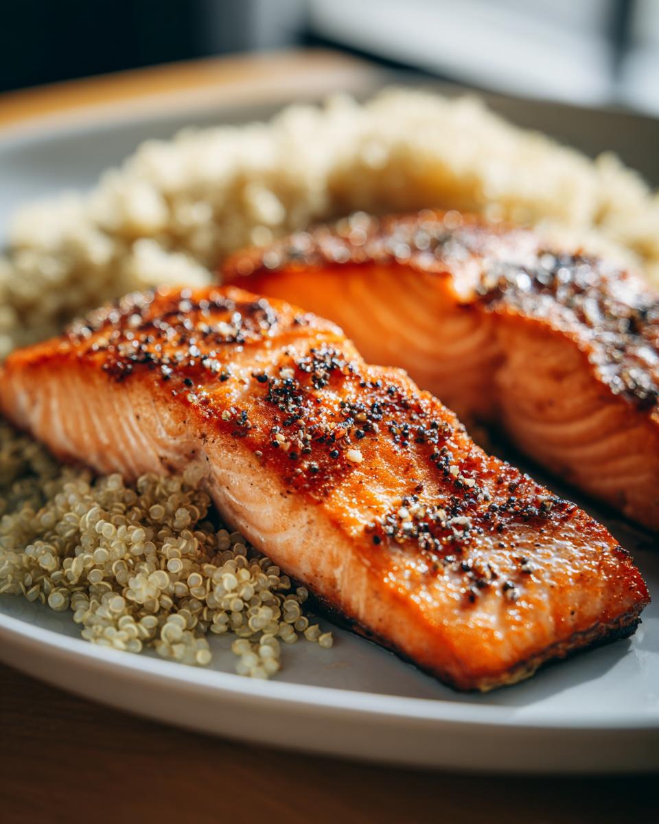 Two fillets of seasoned salmon served with fluffy quinoa, a perfect NYE dinner.