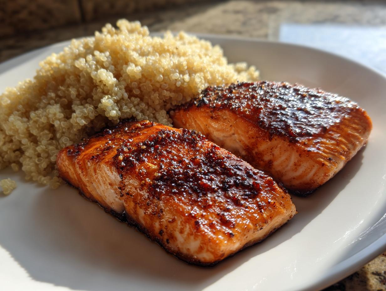 Two perfectly pan-seared salmon fillets served with fluffy quinoa, an ideal NYE dinner.