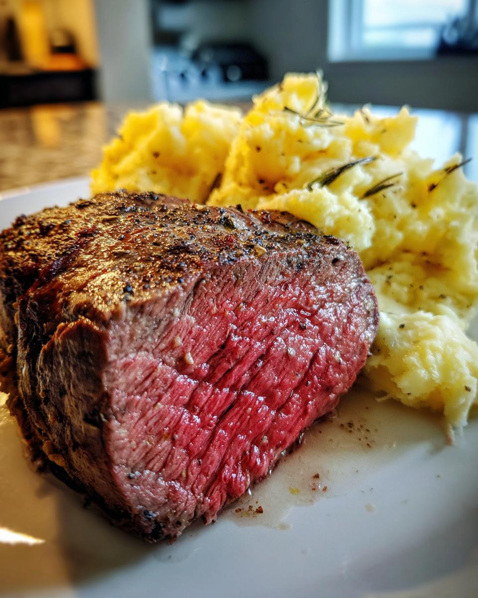 Close-up of a perfectly cooked, juicy steak served with creamy mashed potatoes for NYE dinner ideas.