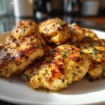 Close-up of perfectly pan-seared chicken breast pieces, seasoned with herbs, as a delicious chicken breast dinner idea.