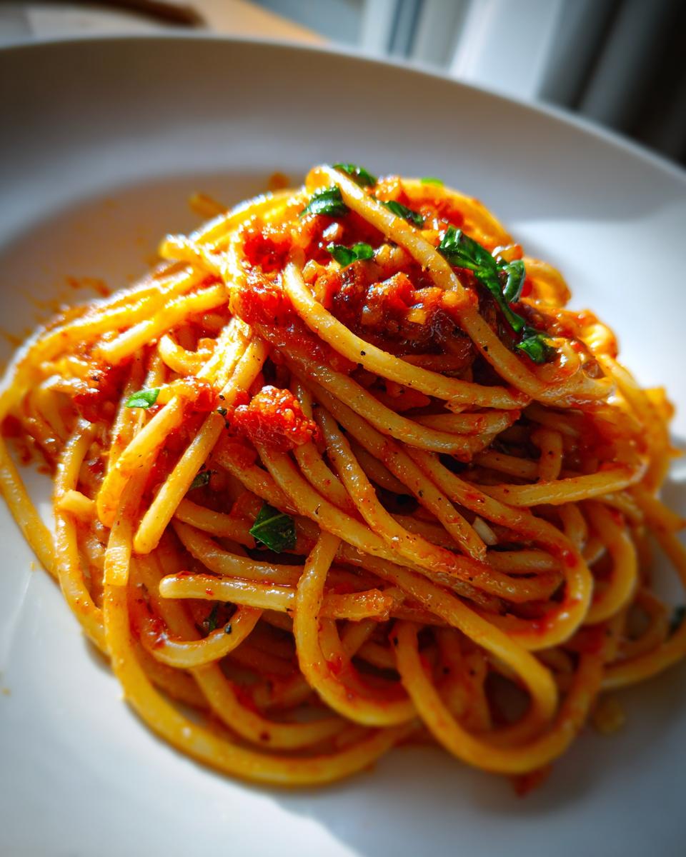 Close-up of a plate of spaghetti with a rich tomato sauce and fresh basil, a perfect pasta dinner idea.