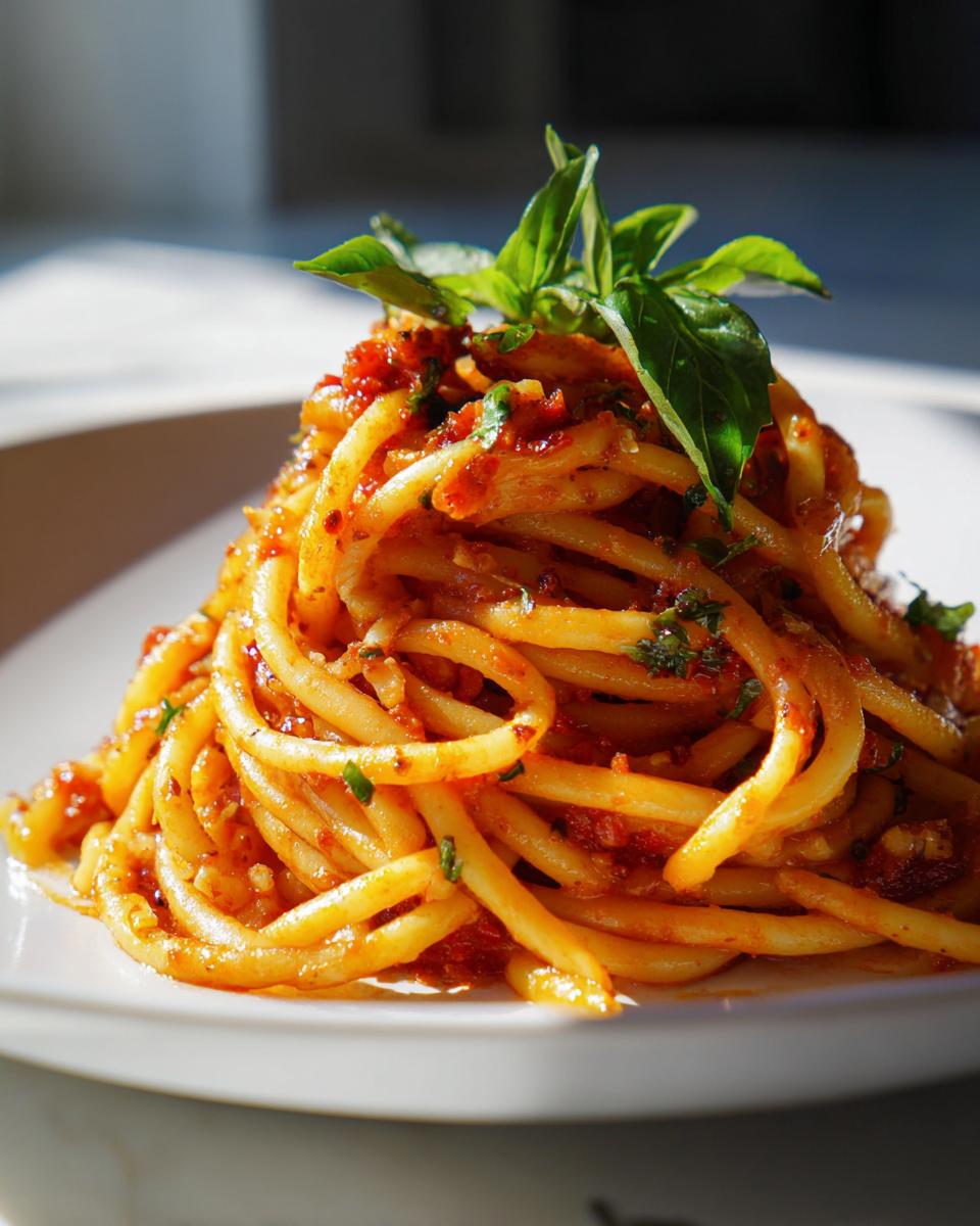 A close-up of a hearty pasta dinner idea, featuring bucatini pasta coated in a rich tomato sauce and garnished with fresh basil.