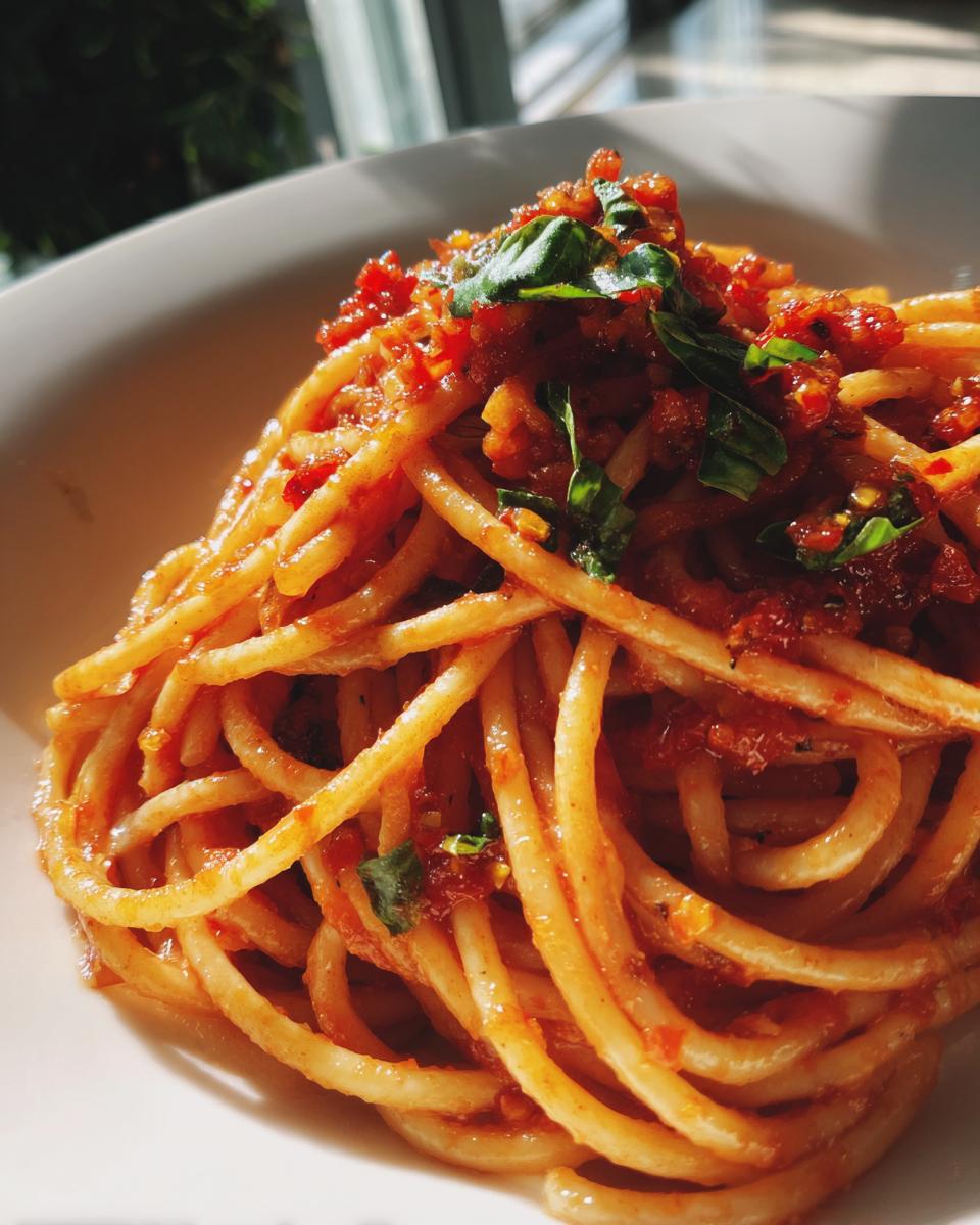 A close-up of a delicious pasta dinner idea with spaghetti and a rich tomato sauce, garnished with fresh basil.
