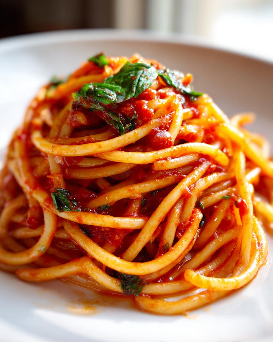 Close-up of a plate of spaghetti with a rich tomato sauce and fresh basil, a perfect pasta dinner idea.