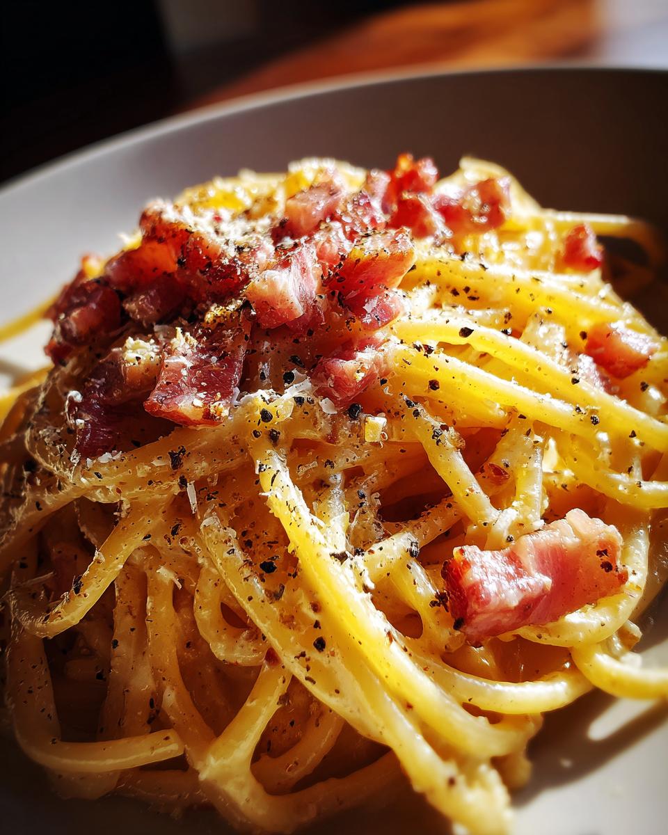 Close-up of a delicious pasta carbonara, featuring spaghetti coated in creamy sauce, topped with crispy pancetta and black pepper.