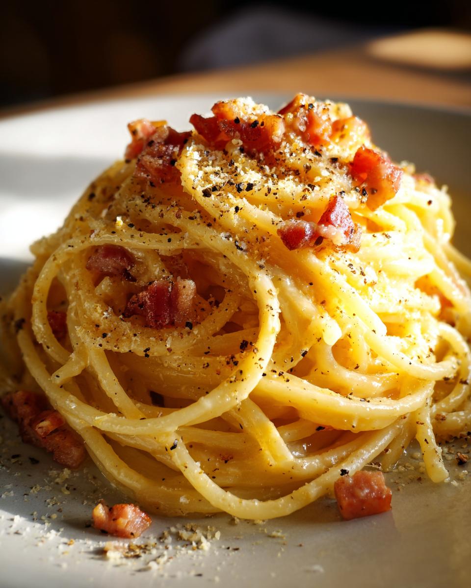 A close-up of a plate of spaghetti carbonara, topped with crispy pancetta, grated cheese, and black pepper.